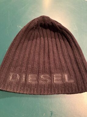 Diesel Black Ribbed Logo Beanie